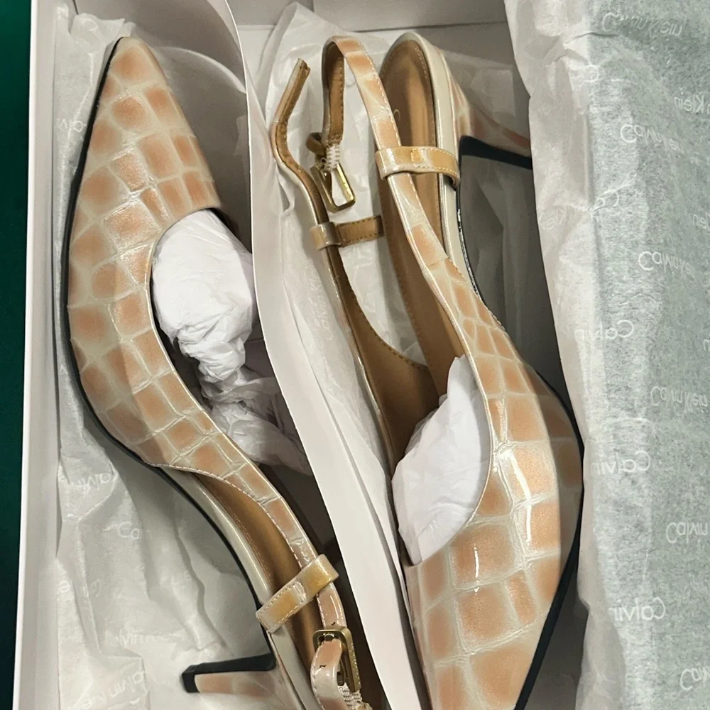 Calvin Klein Beige Croc-Embossed Slingback Heels